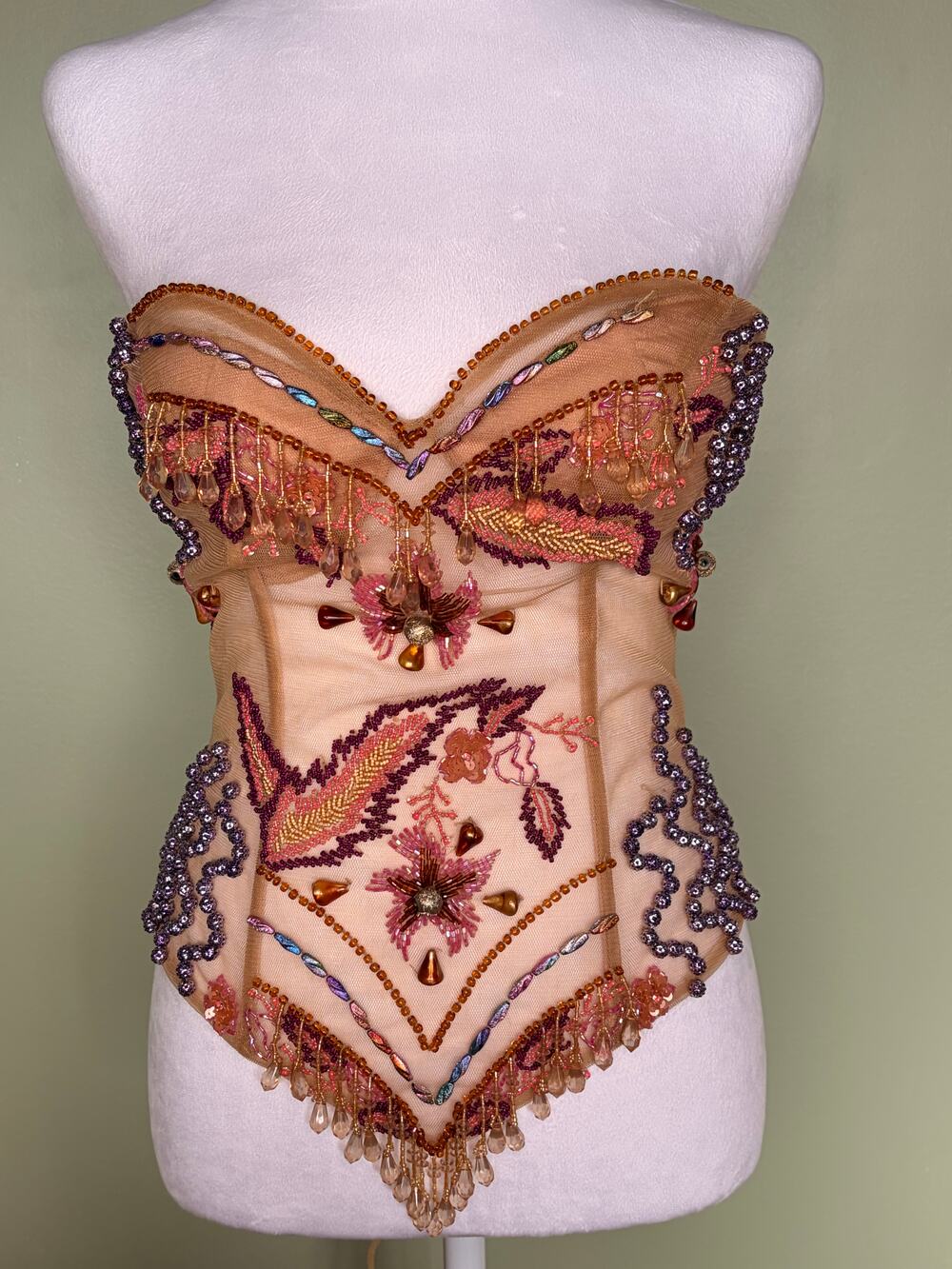 Embellished Beaded Corset Bustier Size 4 Sheer Mesh Sequin Crystal Mermaid Festi